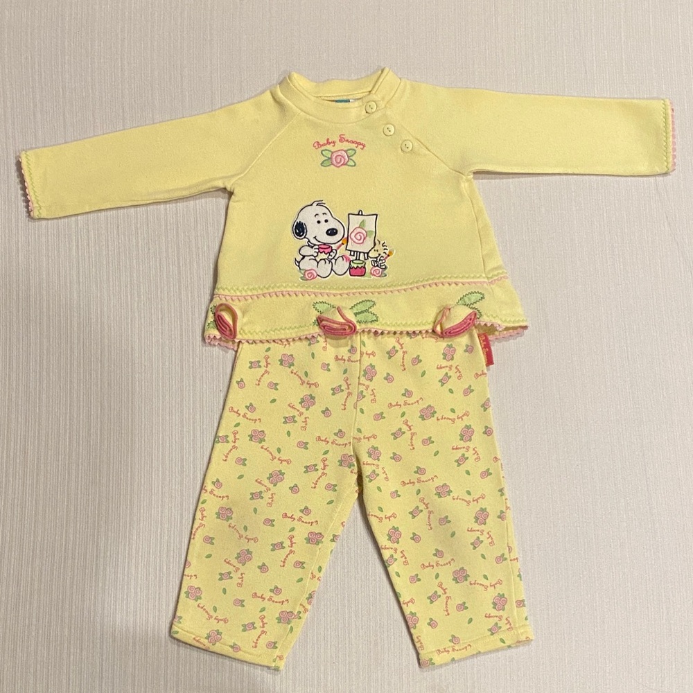 Vintage Baby Snoopy Yellow and Pink Baby Outfit with Snoopy and Woodstock Design